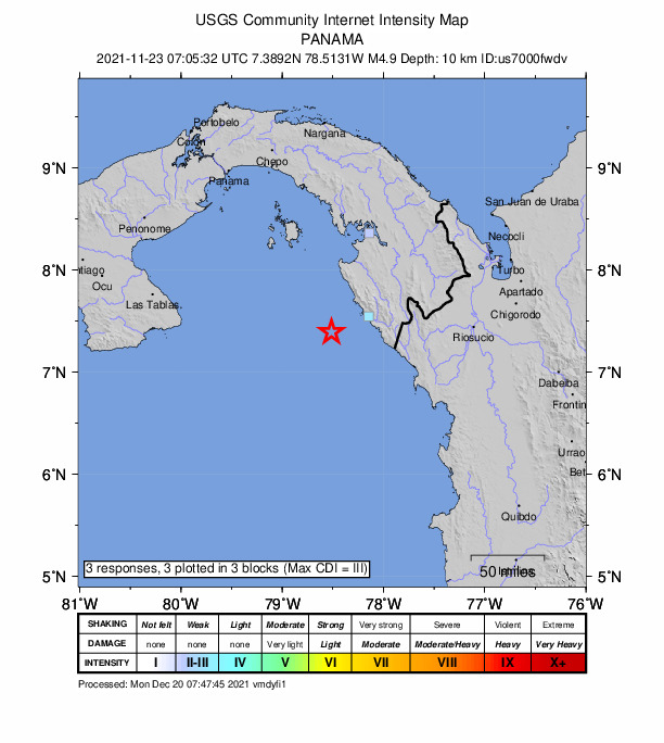 USGS DYFI community-reported intensity map for the M4.9 earthquake near 41 km WSW of Jaqué, Panama