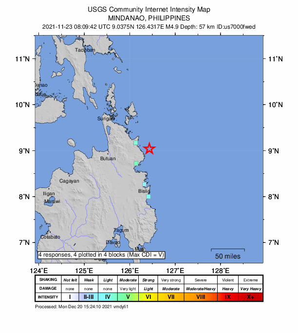 USGS DYFI community-reported intensity map for the M4.9 earthquake near 19 km ENE of La Paz, Philippines