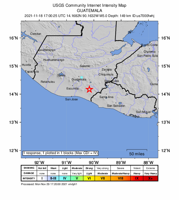 USGS DYFI community-reported intensity map for the M5.0 earthquake near 6 km SSE of Oratorio, Guatemala