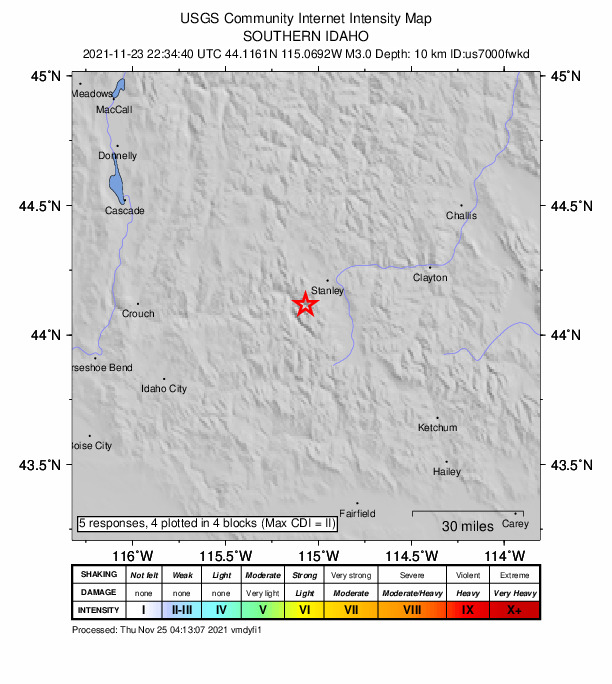 USGS DYFI community-reported intensity map for the M3.0 earthquake near 15 km SW of Stanley, Idaho