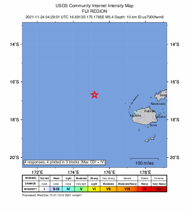 USGS DYFI community-reported intensity map for the M5.4 earthquake near 262 km WNW of Lautoka, Fiji