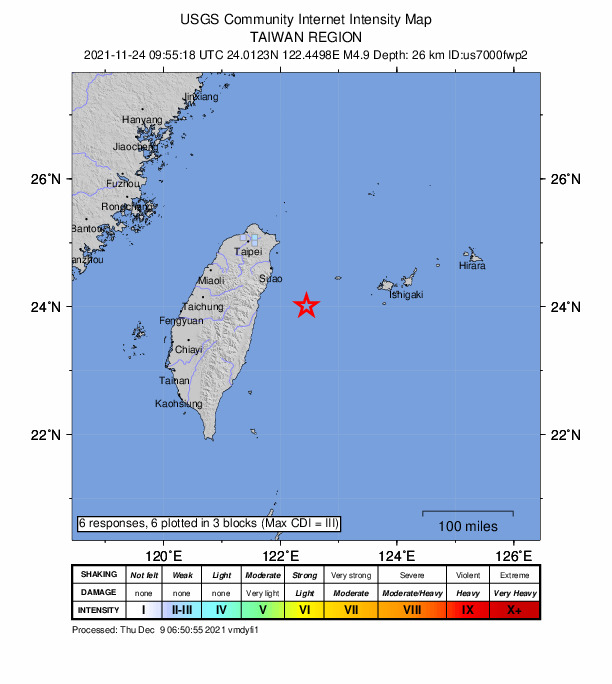USGS DYFI community-reported intensity map for the M4.9 earthquake near 75 km SW of Yonakuni, Japan