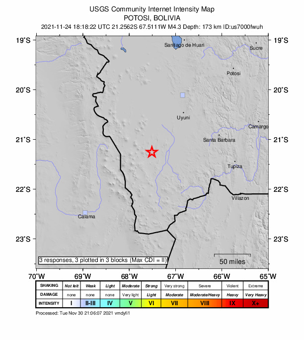 USGS DYFI community-reported intensity map for the M4.3 earthquake near 113 km SW of Uyuni, Bolivia