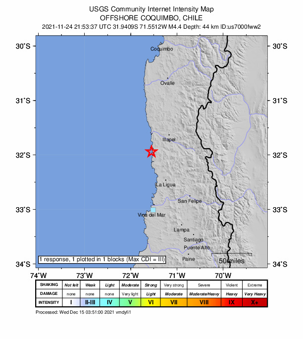 USGS DYFI community-reported intensity map for the M4.4 earthquake near 49 km SW of Illapel, Chile