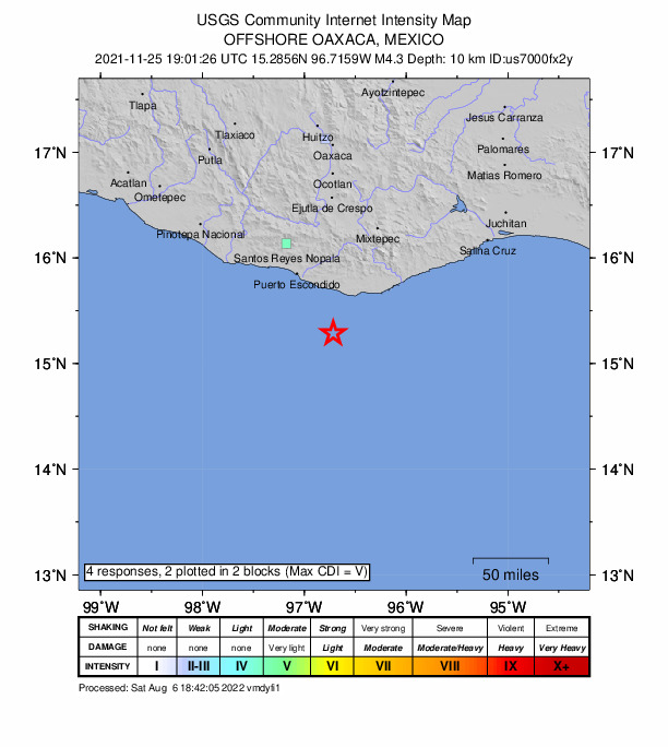 USGS DYFI community-reported intensity map for the M4.3 earthquake near 48 km SSW of Puerto Ángel, Mexico