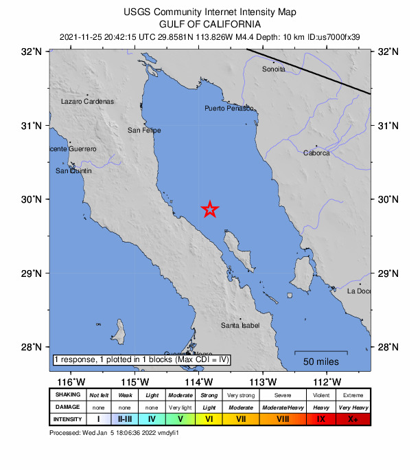 USGS DYFI community-reported intensity map for the M4.4 earthquake near 109 km W of La Libertad, Mexico