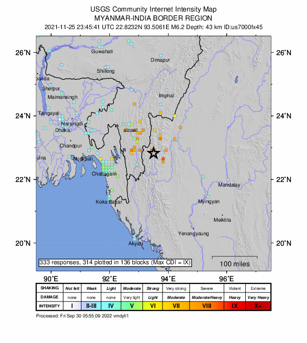 USGS DYFI community-reported intensity map for the M6.2 earthquake near 20 km WSW of Falam, Myanmar