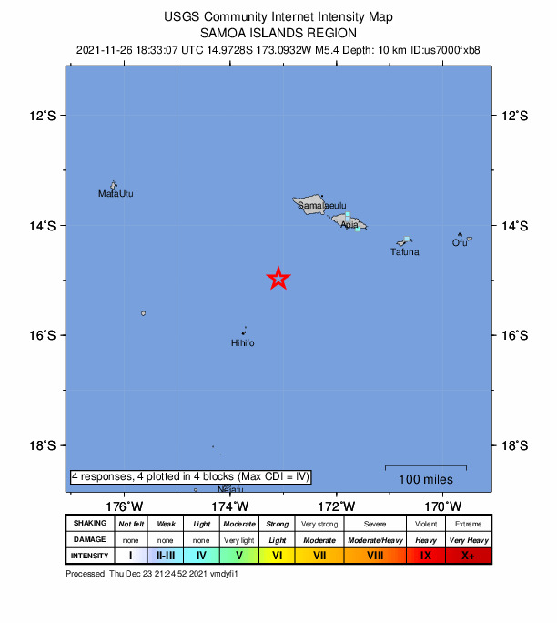 USGS DYFI community-reported intensity map for the M5.4 earthquake near 130 km NE of Hihifo, Tonga