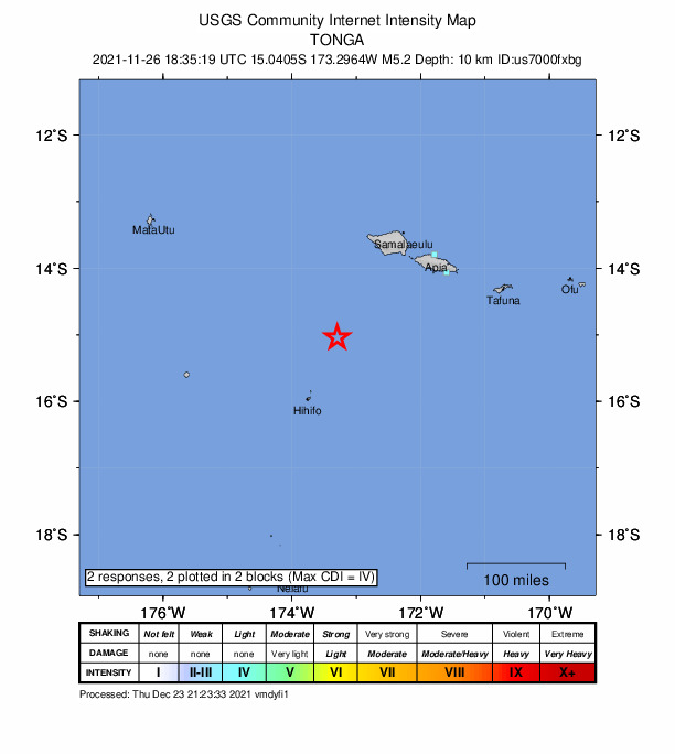 USGS DYFI community-reported intensity map for the M5.2 earthquake near 114 km NNE of Hihifo, Tonga