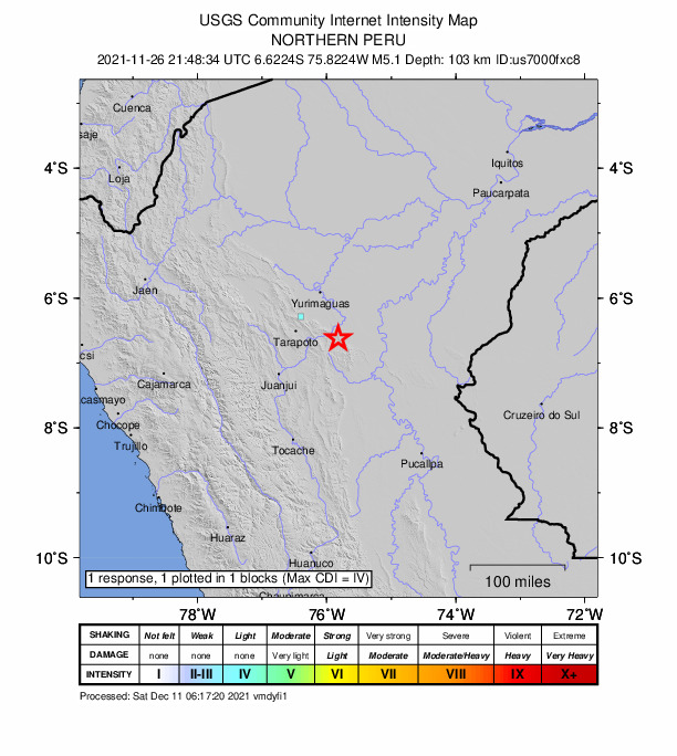 USGS DYFI community-reported intensity map for the M5.1 earthquake near 31 km ESE of Chazuta, Peru
