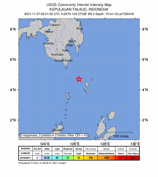 USGS DYFI community-reported intensity map for the M5.2 earthquake near Pulau-Pulau Talaud, Indonesia