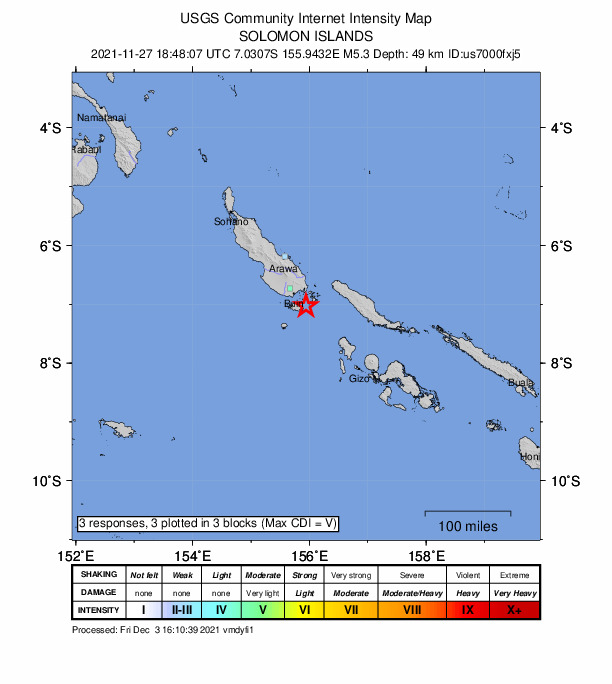 USGS DYFI community-reported intensity map for the M5.3 earthquake near 95 km SSE of Panguna, Papua New Guinea