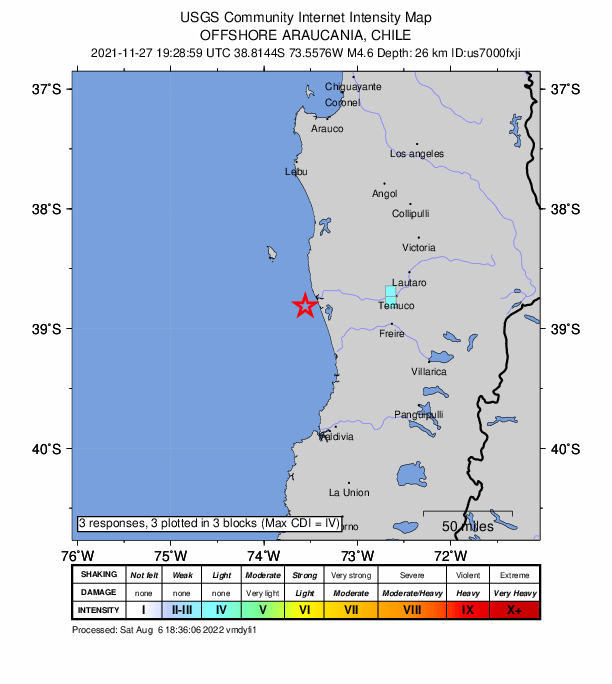 USGS DYFI community-reported intensity map for the M4.6 earthquake near 36 km WSW of Carahue, Chile