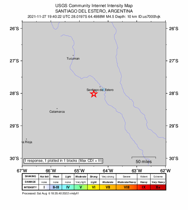 USGS DYFI community-reported intensity map for the M4.5 earthquake near 34 km SW of Santiago del Estero, Argentina