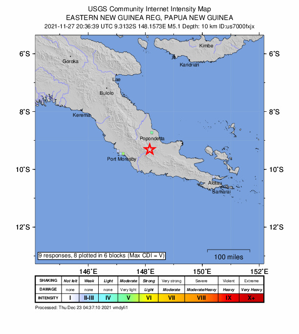 USGS DYFI community-reported intensity map for the M5.1 earthquake near 61 km S of Popondetta, Papua New Guinea