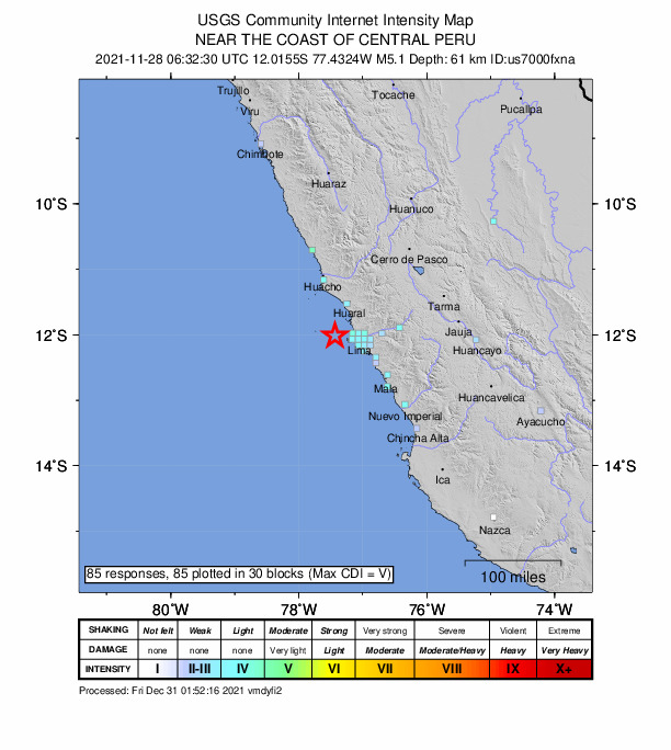 USGS DYFI community-reported intensity map for the M5.1 earthquake near 34 km W of Callao, Peru