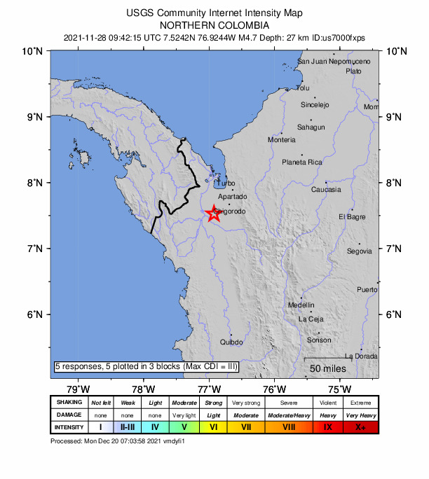 USGS DYFI community-reported intensity map for the M4.7 earthquake near 23 km ENE of Riosucio, Colombia