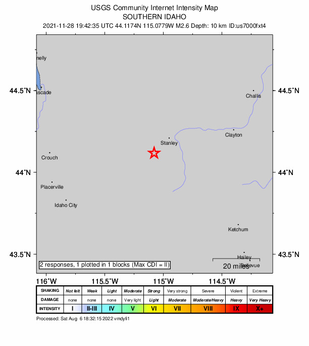 USGS DYFI community-reported intensity map for the M2.6 earthquake near 15 km SW of Stanley, Idaho