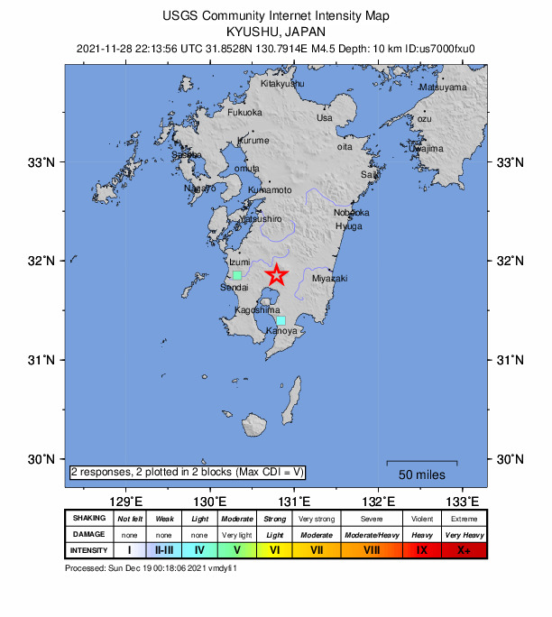 USGS DYFI community-reported intensity map for the M4.5 earthquake near 13 km N of Kokubu-matsuki, Japan