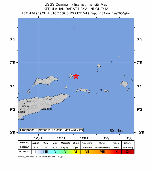 USGS DYFI community-reported intensity map for the M4.9 earthquake near 123 km NNE of Lospalos, Timor Leste