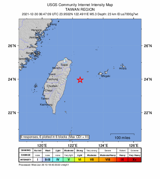 USGS DYFI community-reported intensity map for the M5.3 earthquake near 73 km SW of Yonakuni, Japan