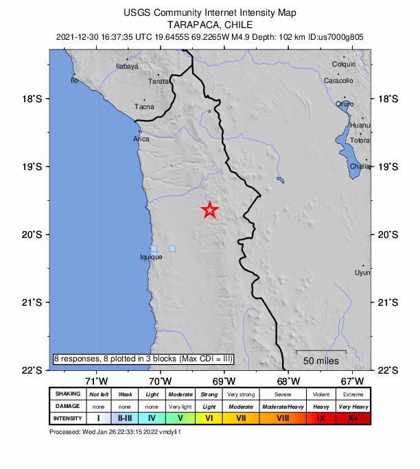 USGS DYFI community-reported intensity map for the M4.9 earthquake near 115 km ENE of Iquique, Chile