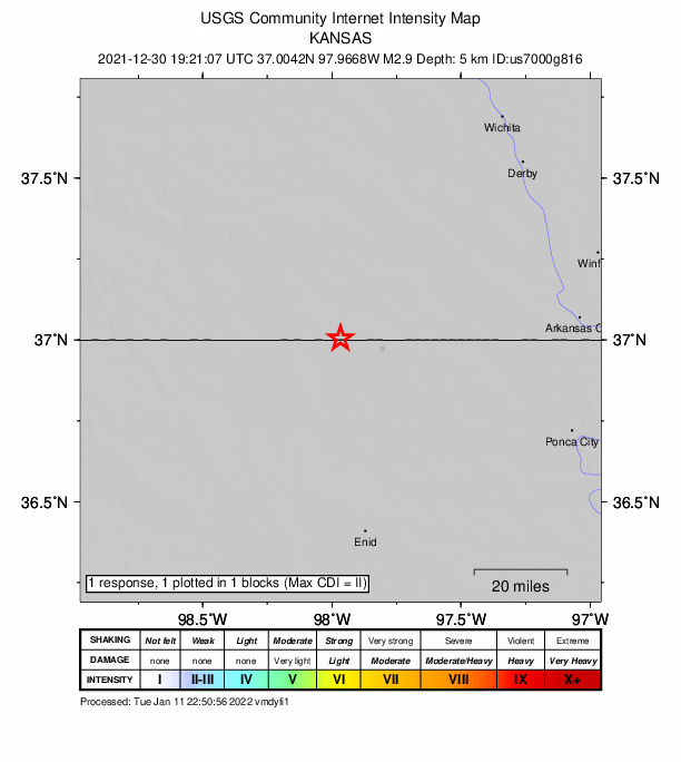 USGS DYFI community-reported intensity map for the M2.9 earthquake near 6 km E of Manchester, Oklahoma