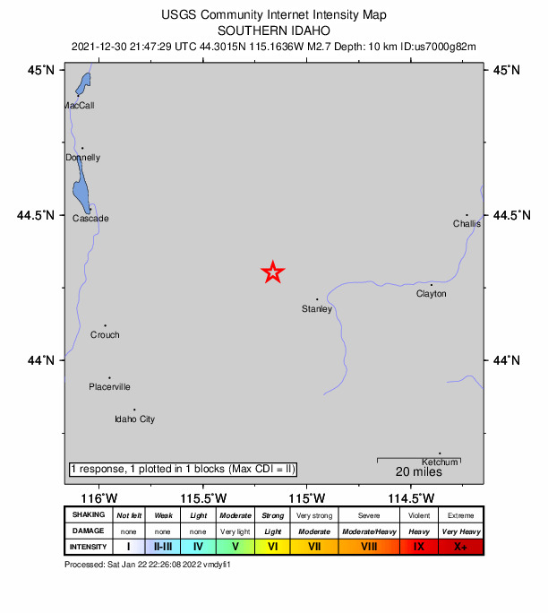 USGS DYFI community-reported intensity map for the M2.7 earthquake near 20 km WNW of Stanley, Idaho