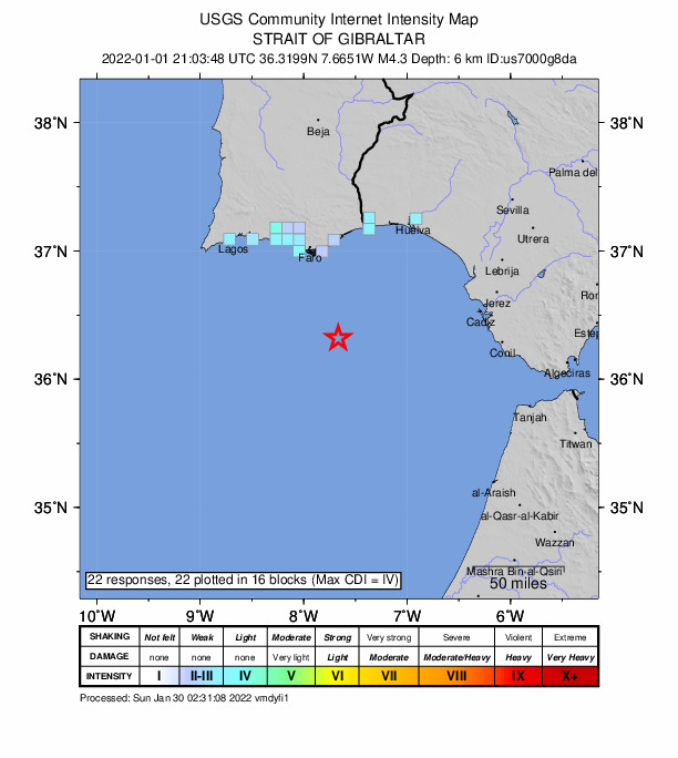 USGS DYFI community-reported intensity map for the M4.3 earthquake near 80 km SSE of Olhão, Portugal