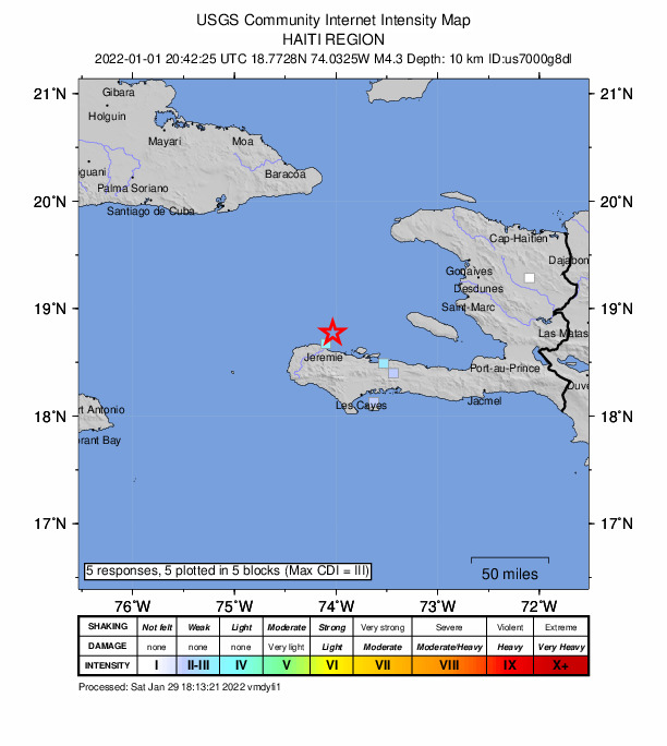 USGS DYFI community-reported intensity map for the M4.3 earthquake near 16 km NNE of Jérémie, Haiti