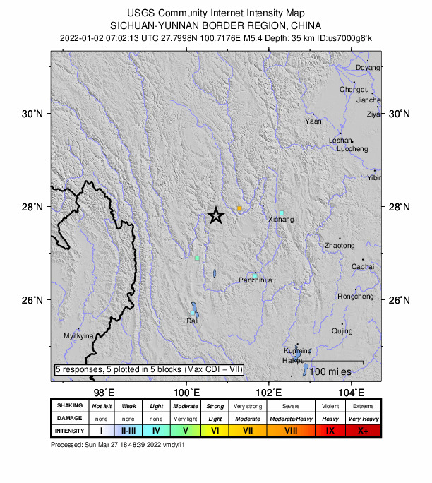 USGS DYFI community-reported intensity map for the M5.4 earthquake near 99 km E of Shangri-La, China