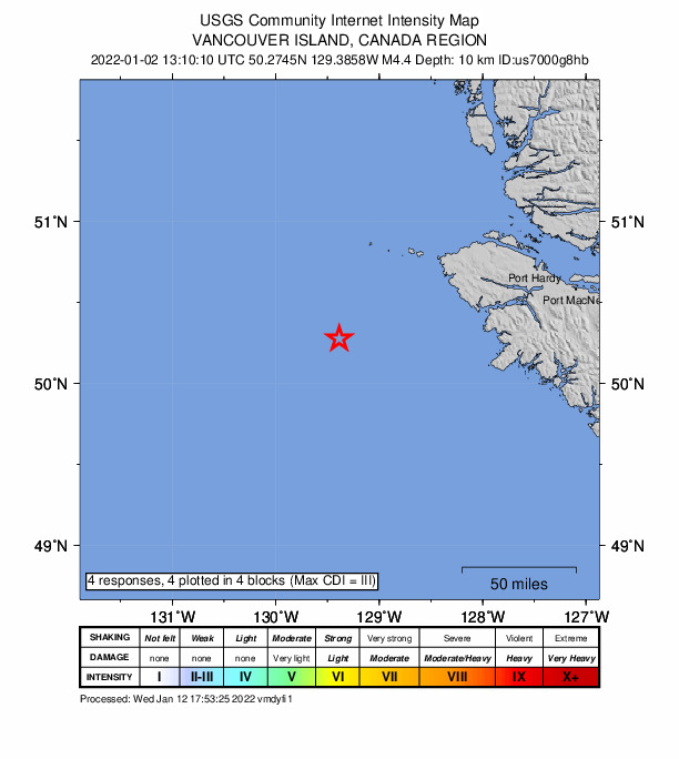 USGS DYFI community-reported intensity map for the M4.4 earthquake near 166 km WSW of Port McNeill, Canada