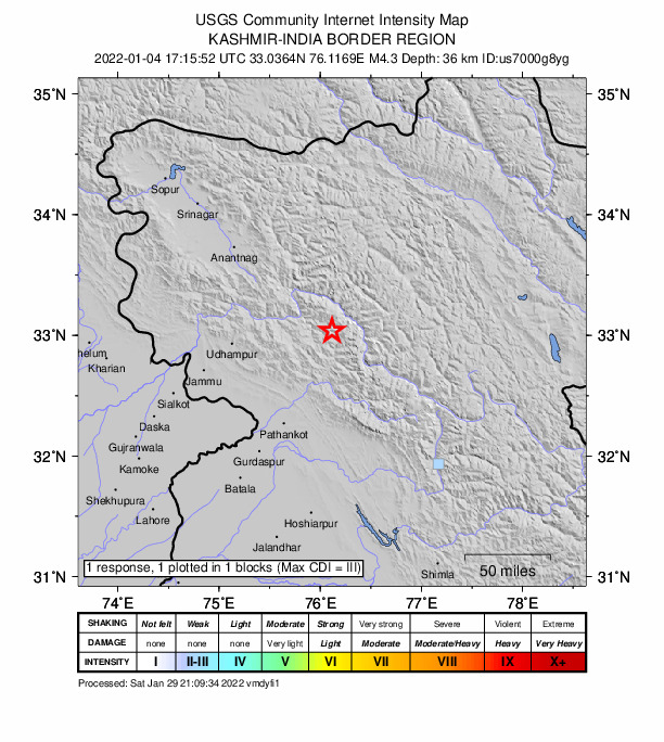 USGS DYFI community-reported intensity map for the M4.3 earthquake near Kashmir-India border region