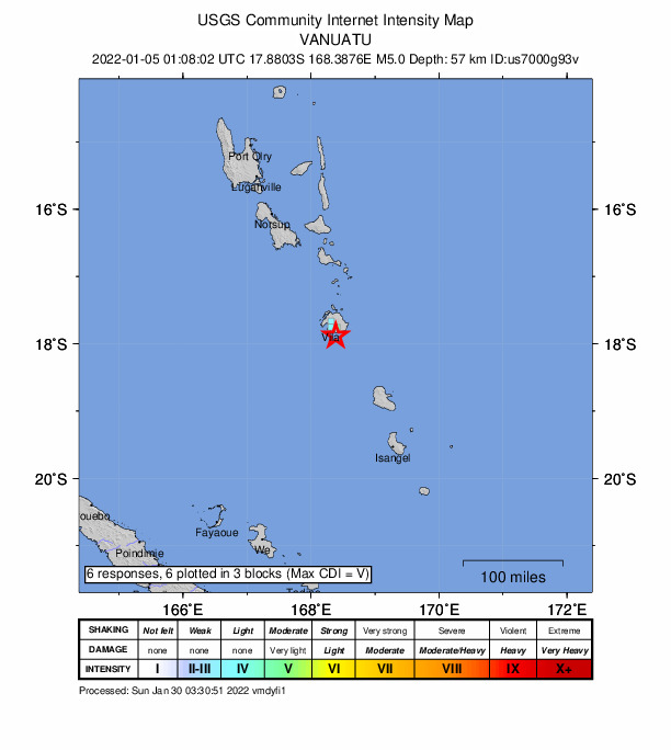 USGS DYFI community-reported intensity map for the M5.0 earthquake near 17 km SSE of Port-Vila, Vanuatu