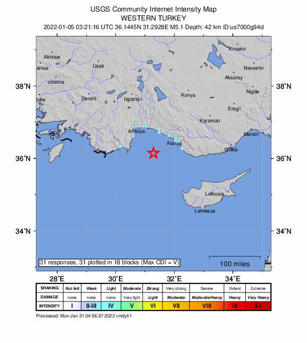 USGS DYFI community-reported intensity map for the M5.1 earthquake near 67 km SSW of Okurcalar, Turkey