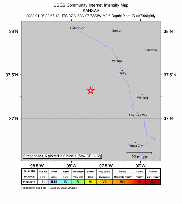 USGS DYFI community-reported intensity map for the M2.5 earthquake near 6 km NNE of Argonia, Kansas