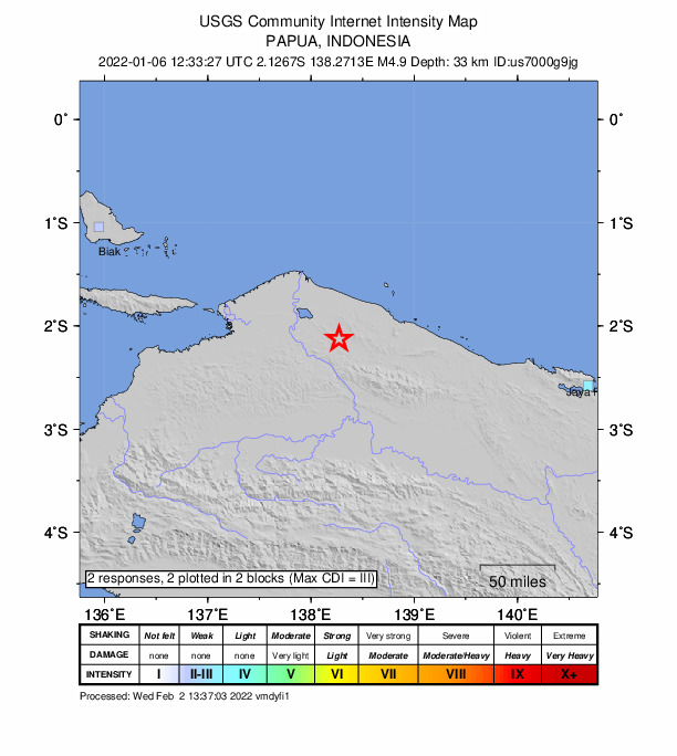 USGS DYFI community-reported intensity map for the M4.9 earthquake near 265 km ESE of Biak, Indonesia