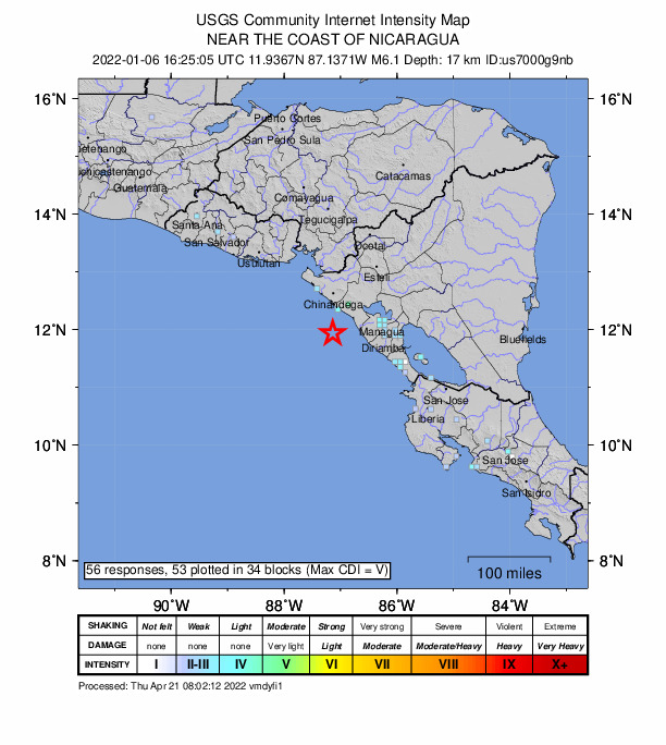 USGS DYFI community-reported intensity map for the M6.1 earthquake near near the coast of Nicaragua