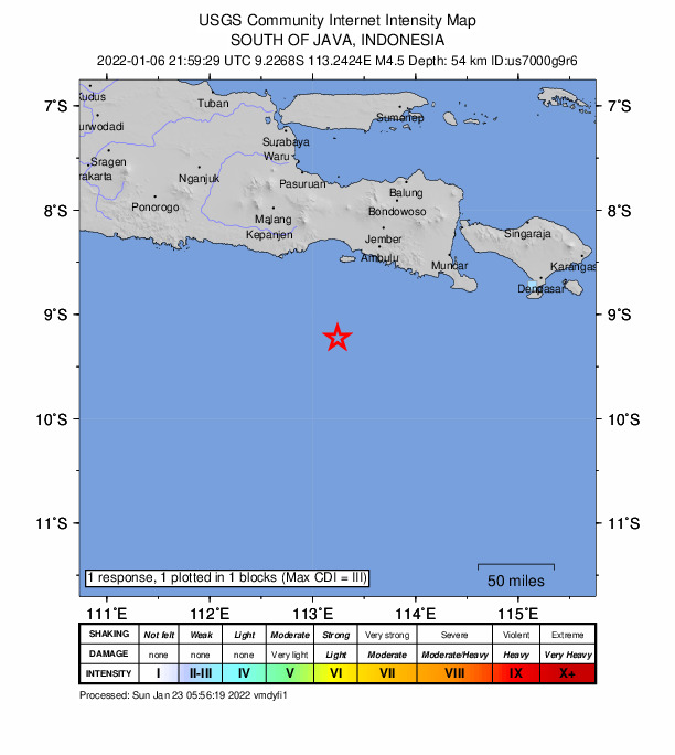 USGS DYFI community-reported intensity map for the M4.5 earthquake near 105 km S of Kencong, Indonesia