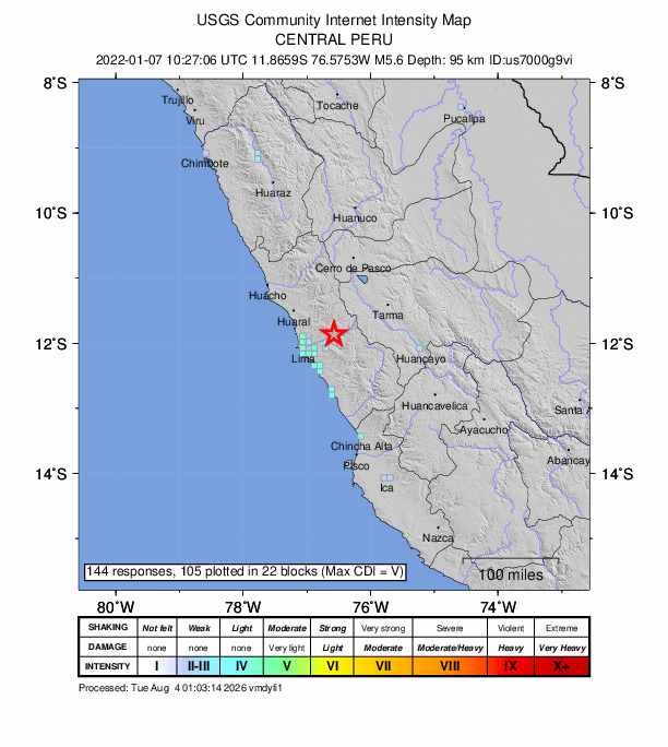 USGS DYFI community-reported intensity map for the M5.6 earthquake near 6 km NW of Cocachacra, Peru