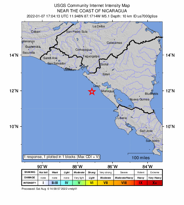 USGS DYFI community-reported intensity map for the M5.1 earthquake near 59 km S of Corinto, Nicaragua