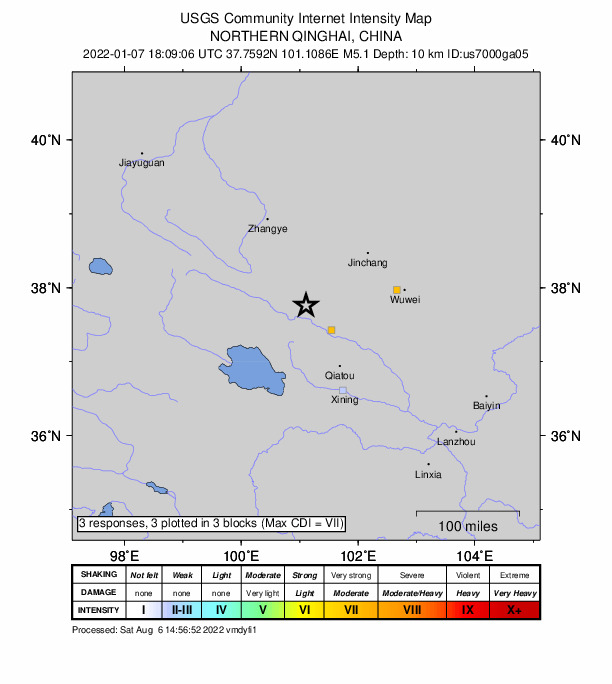 USGS DYFI community-reported intensity map for the M5.1 earthquake near 125 km SW of Jinchang, China