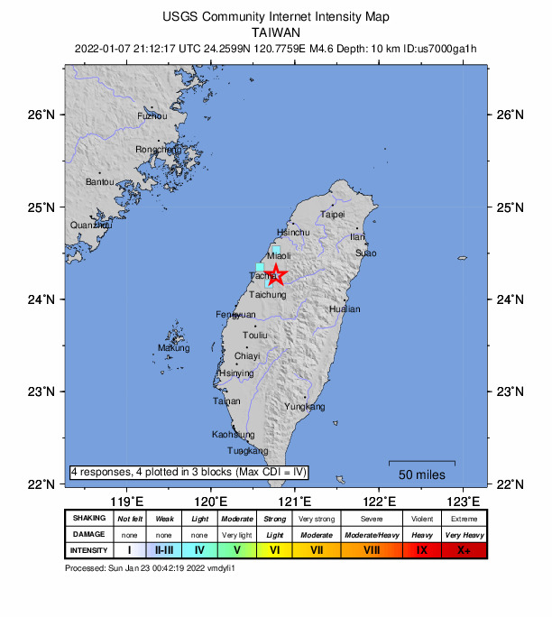 USGS DYFI community-reported intensity map for the M4.6 earthquake near 15 km NE of Taichung, Taiwan