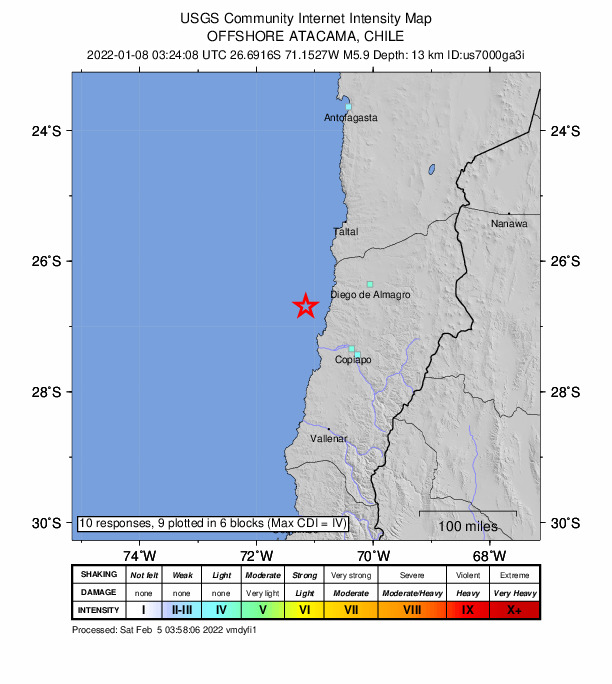 USGS DYFI community-reported intensity map for the M5.9 earthquake near 110 km NW of Copiapó, Chile