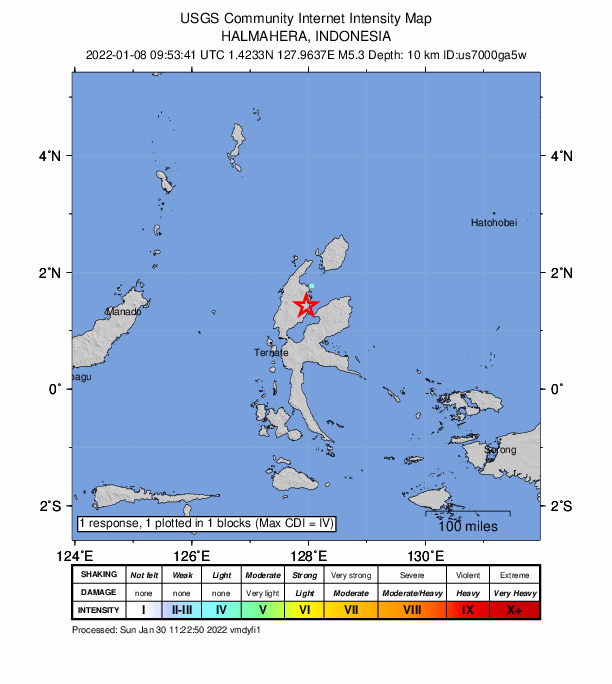 USGS DYFI community-reported intensity map for the M5.3 earthquake near 34 km S of Tobelo, Indonesia
