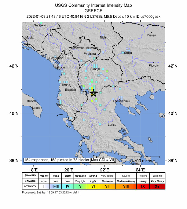 USGS DYFI community-reported intensity map for the M5.5 earthquake near 5 km NNW of Flórina, Greece