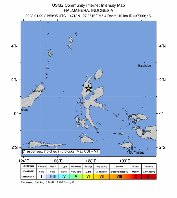 USGS DYFI community-reported intensity map for the M5.4 earthquake near 33 km SSW of Tobelo, Indonesia