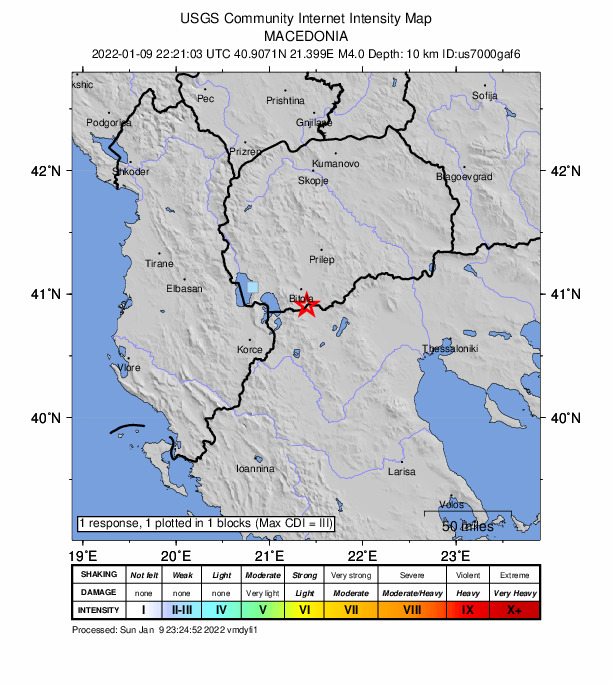 USGS DYFI community-reported intensity map for the M4.0 earthquake near Greece
