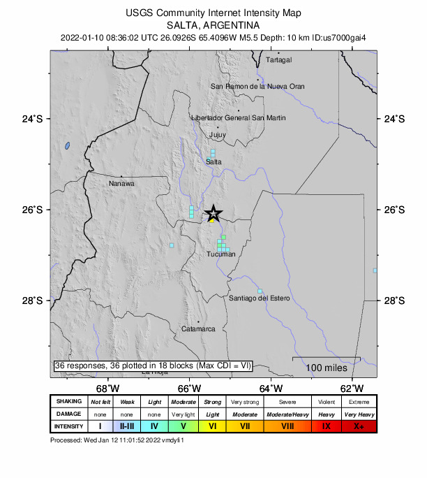 USGS DYFI community-reported intensity map for the M5.6 earthquake near 23 km NW of Trancas, Argentina