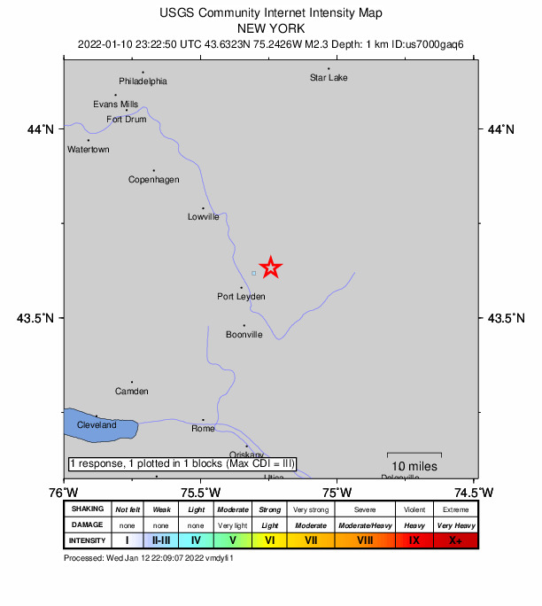 USGS DYFI community-reported intensity map for the M2.3 earthquake near 9 km ENE of Port Leyden, New York